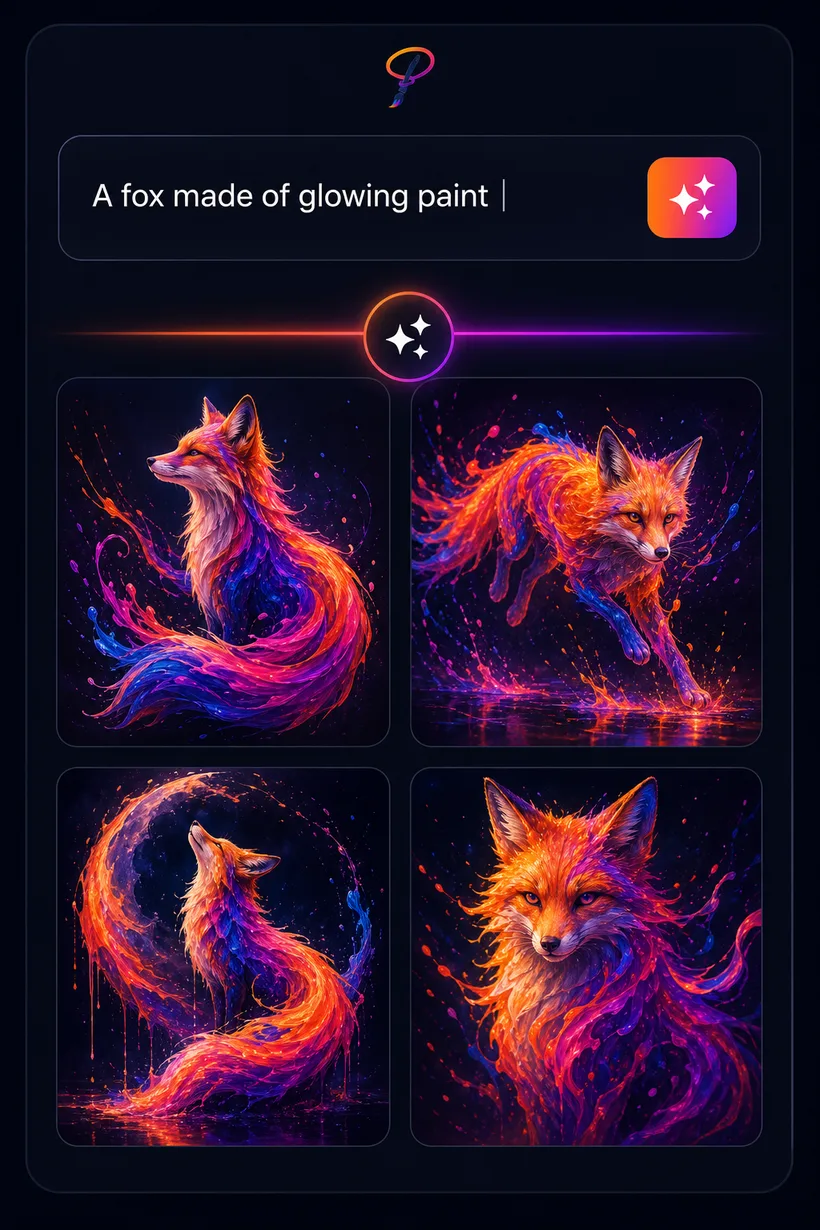 Four AI-generated variations of a glowing-paint fox created by PaintLasso from a single text prompt