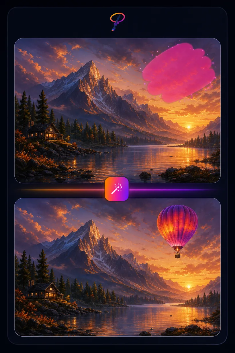 Generative fill: a selected empty area of a mountain sunset replaced by AI with a hot-air balloon in PaintLasso