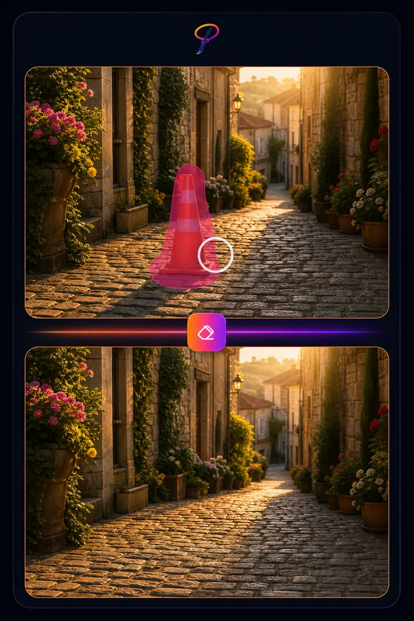Object removal: a traffic cone selected on a cobblestone street and erased by AI, leaving clean stones behind, in PaintLasso