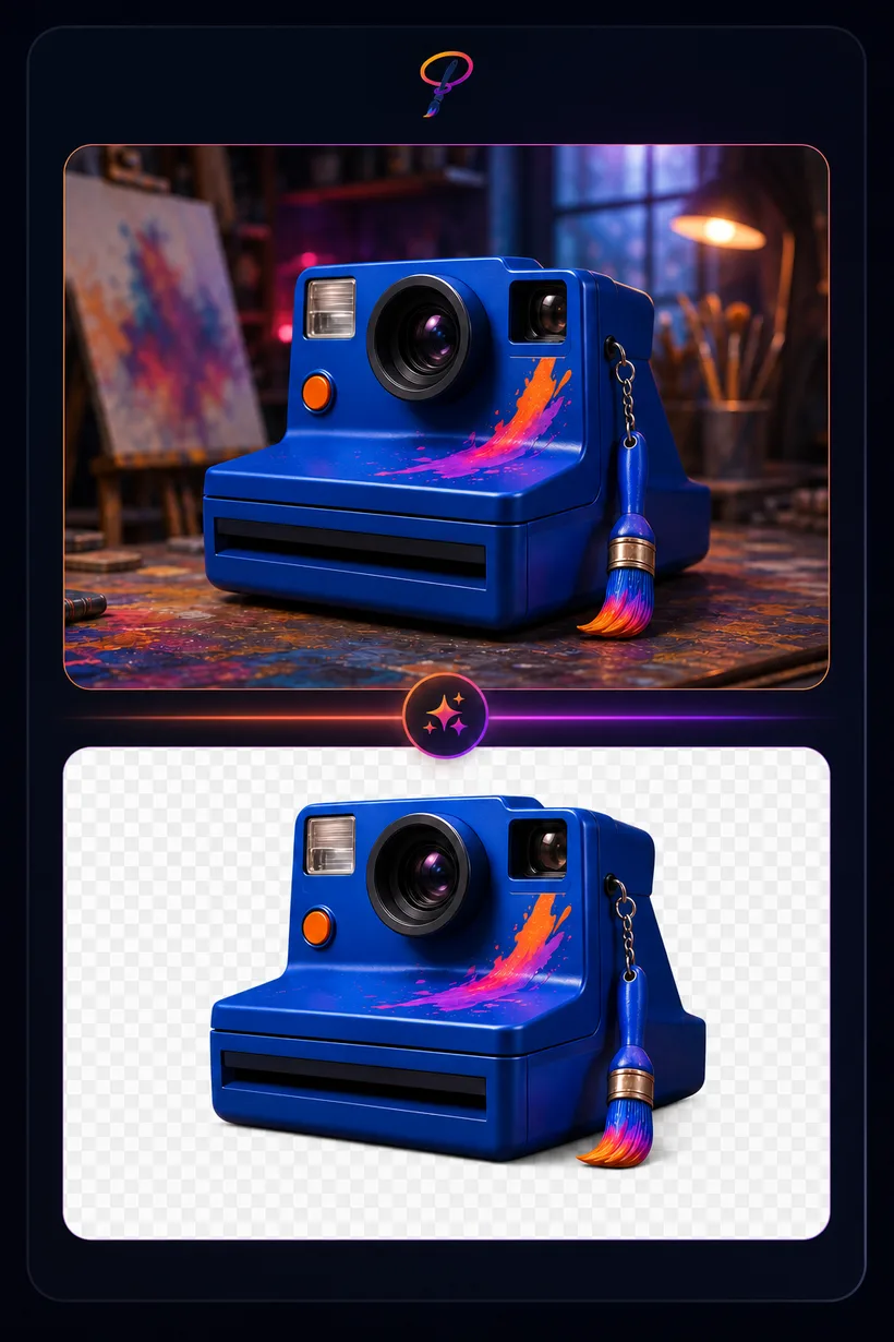 Before and after: a studio photo of a blue instant camera with its background removed to transparency by PaintLasso