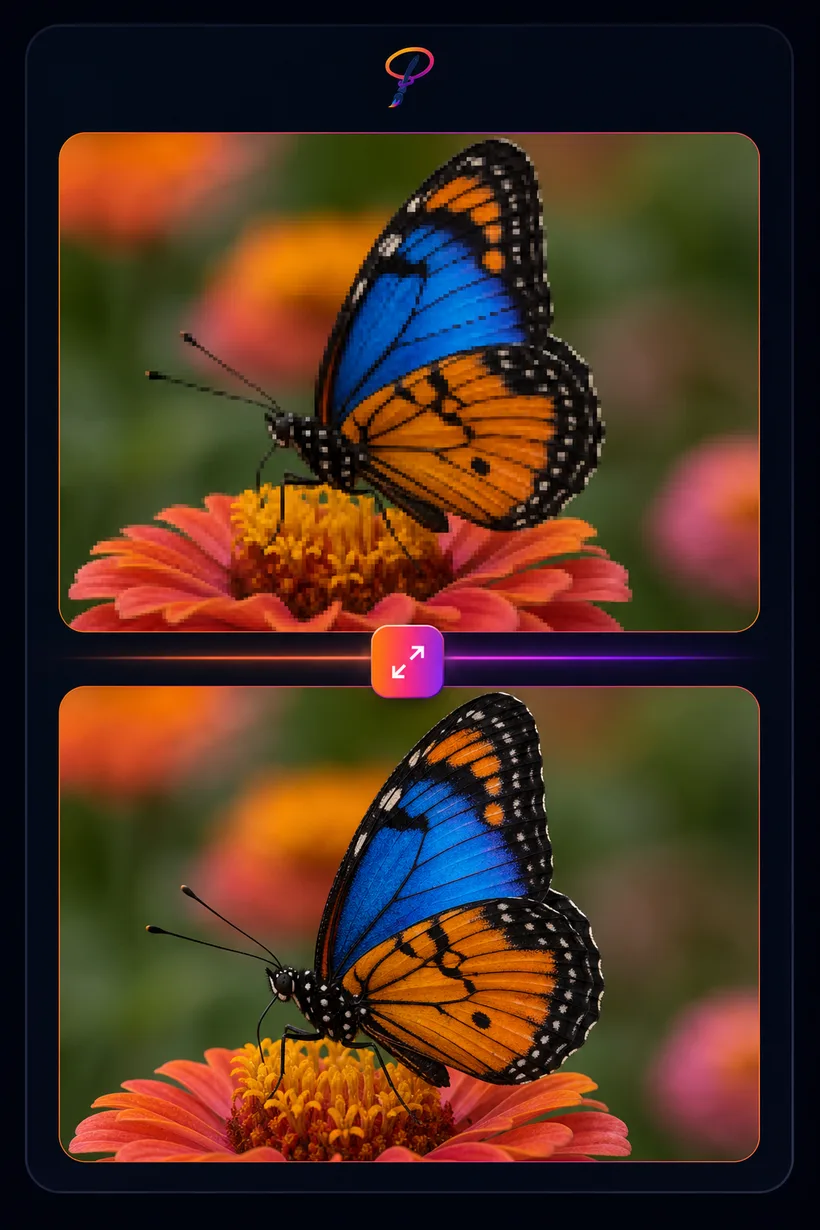 Before and after: a soft, low-resolution butterfly photo upscaled by PaintLasso into a sharp, detailed image